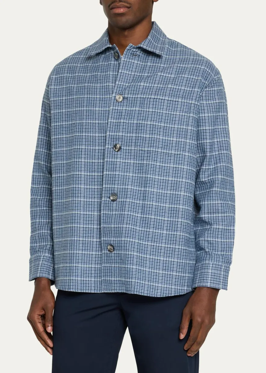 Brioni Men's Cotton-Cashmere Plaid Flannel Overshirt | Thumbnail 4