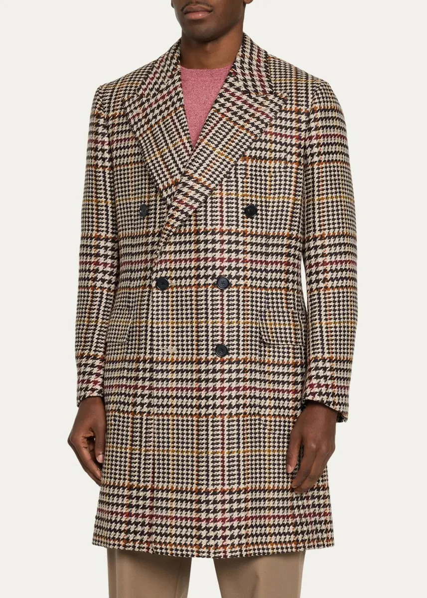 Cesare Attolini Men's Double-Breasted Houndstooth Wool-Cashmere Overcoat | Thumbnail 4 Cesare Attolini Men's Double-Breasted Houndstooth Wool-Cashmere Overcoat | Thumbnail 4