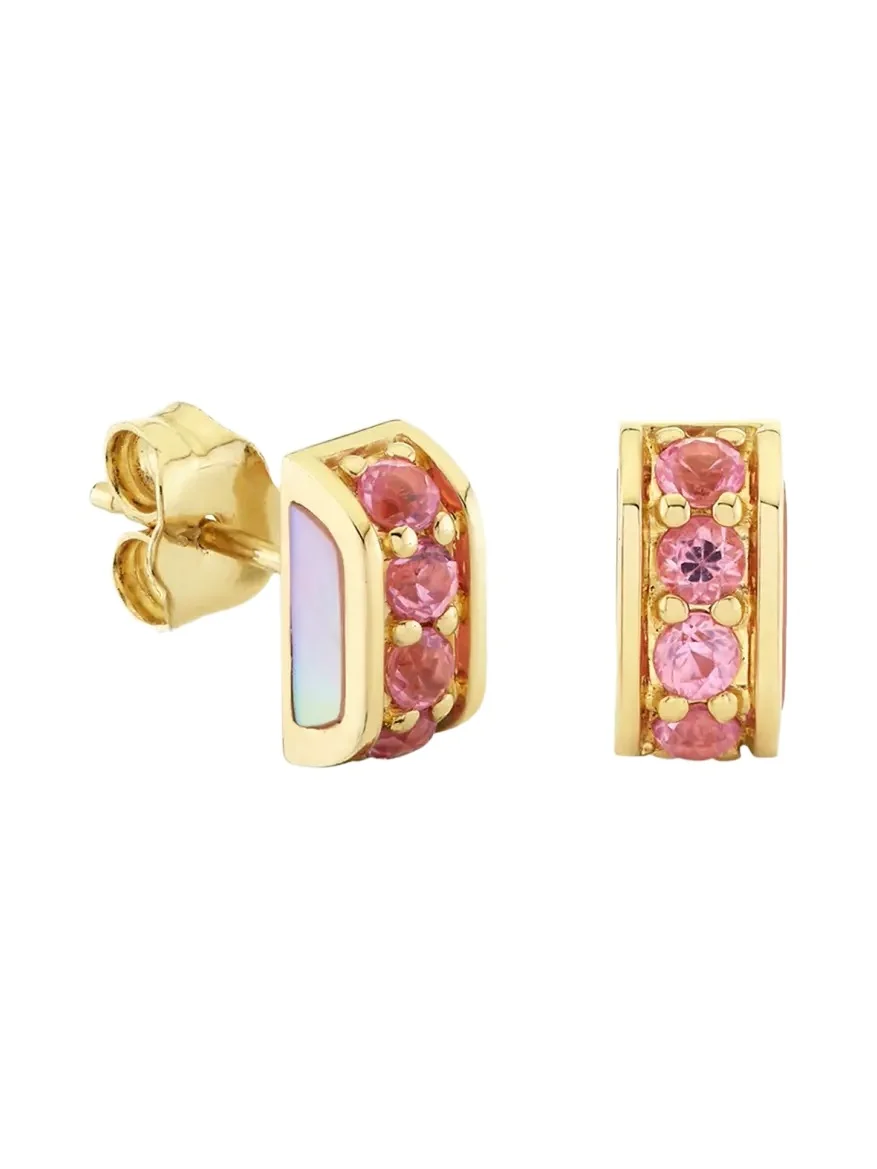 14K Yellow Gold Pink Mother-of=Pearl Stud Inlay Earrings with Pink Sapphires