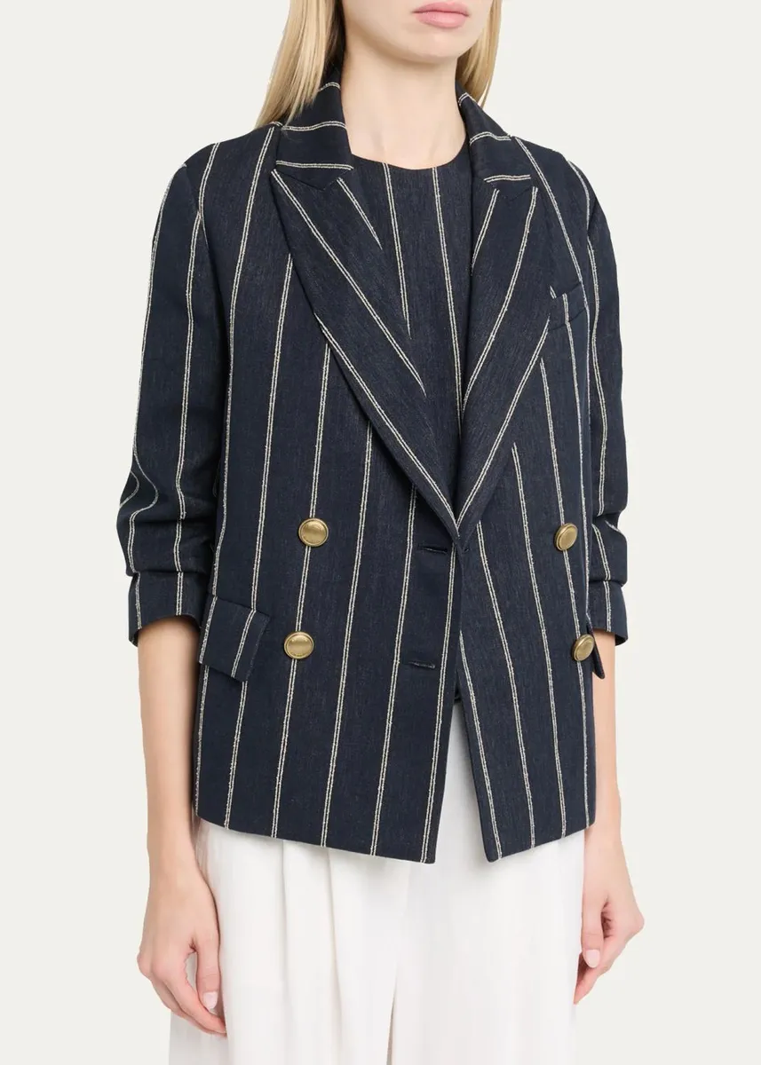 Brunello Cucinelli Double Pinstriped Denim Double-Breasted Blazer Jacket | Thumbnail 4 Brunello Cucinelli Double Pinstriped Denim Double-Breasted Blazer Jacket | Thumbnail 4