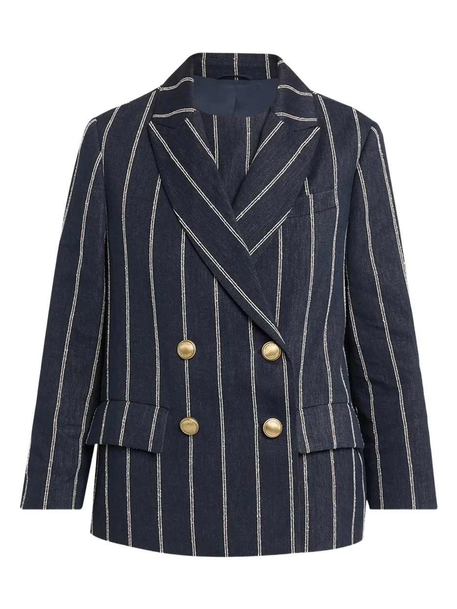 Double Pinstriped Denim Double-Breasted Blazer Jacket Double Pinstriped Denim Double-Breasted Blazer Jacket
