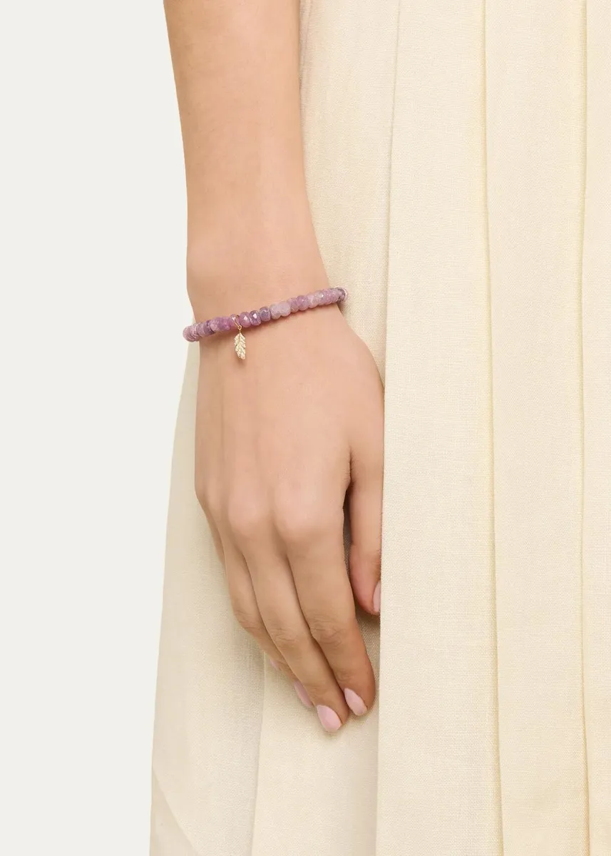 Sydney Evan 14K Diamond Tiny Feather Charm on Pink Sapphire Bead Bracelet | Thumbnail 2