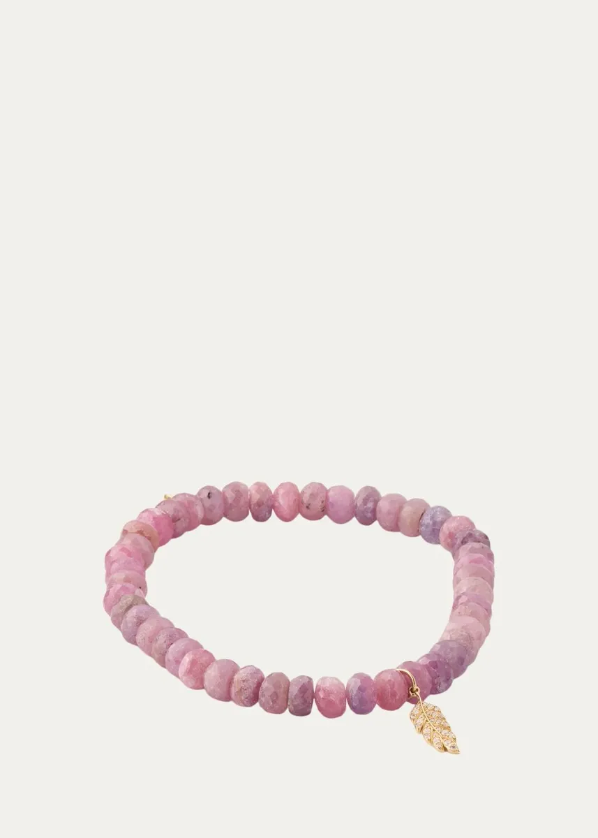 Sydney Evan 14K Diamond Tiny Feather Charm on Pink Sapphire Bead Bracelet | Thumbnail 4