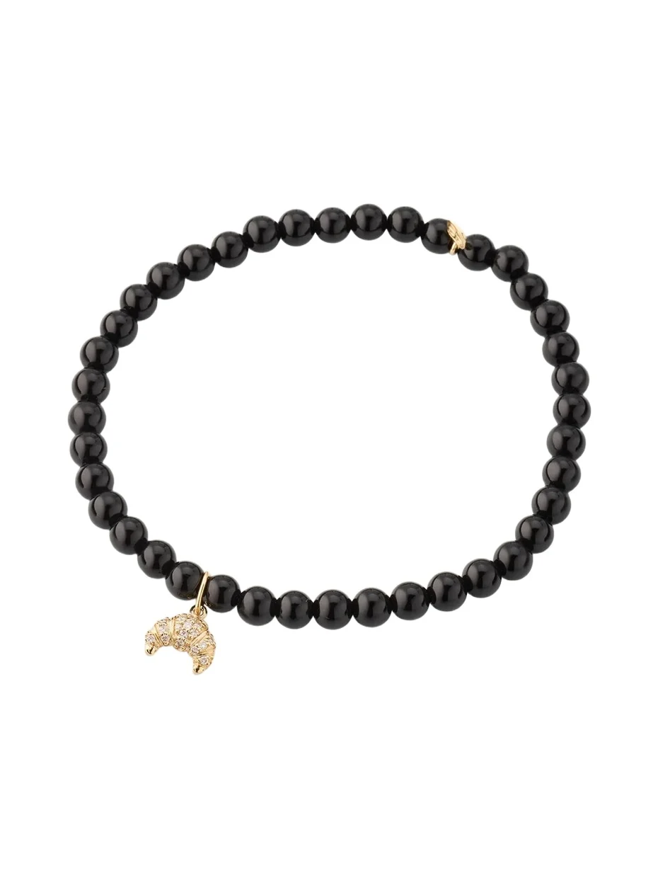14K Yellow Gold Diamond Croissant on Onyx Stretch Bracelet