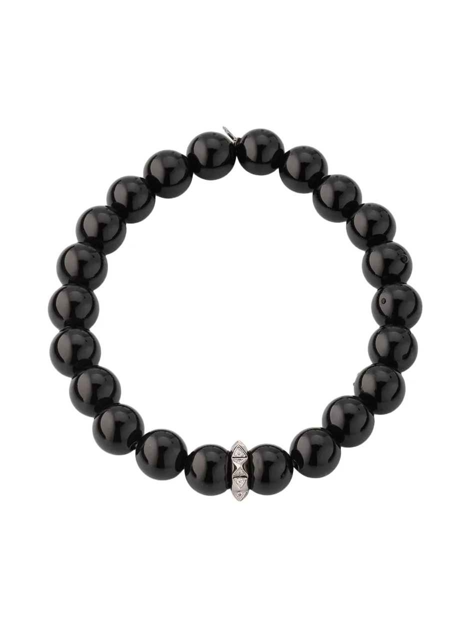 14K White Gold Diamond Pyramid Rondelle on Onyx Bead Bracelet
