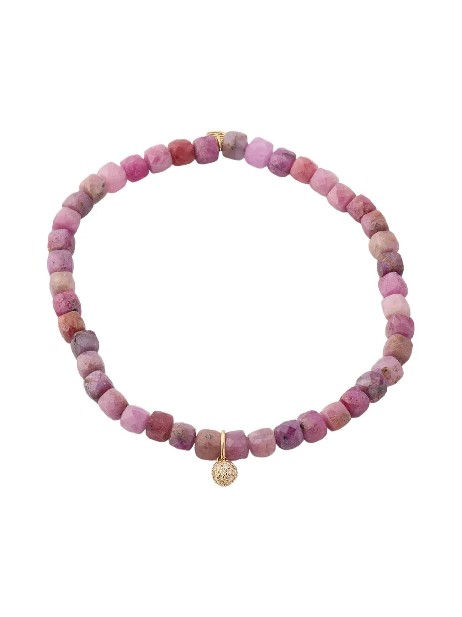 14K Tiny Diamond Pave Ball on Ruby Bead Bracelet