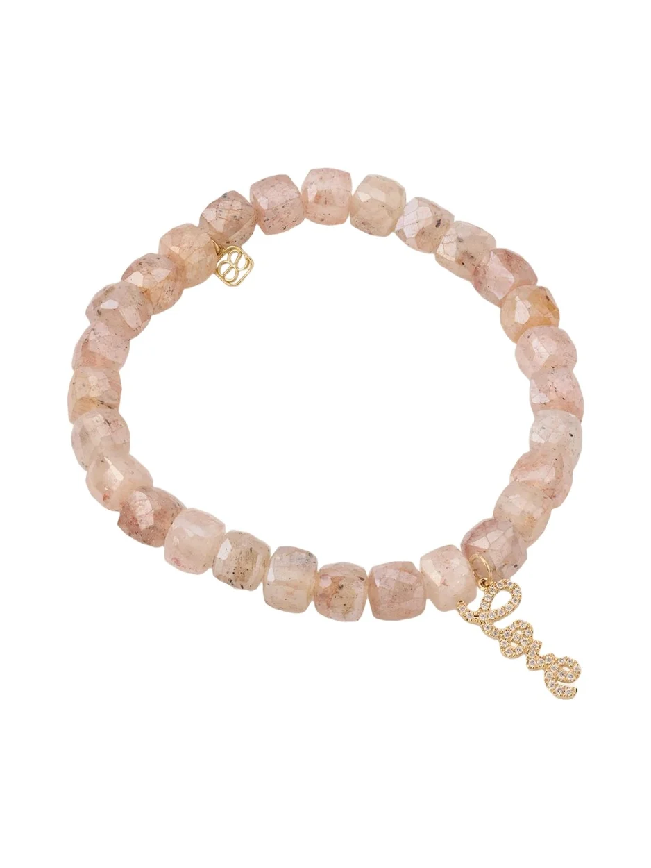 14K Diamond Love Script Charm on Quartz Cube Bracelet