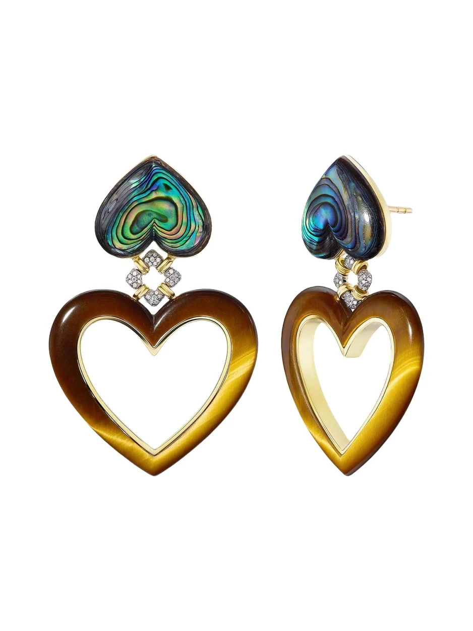 Emily P. Wheeler Heart Flip Earrings with Tiger's Eye and Abalone