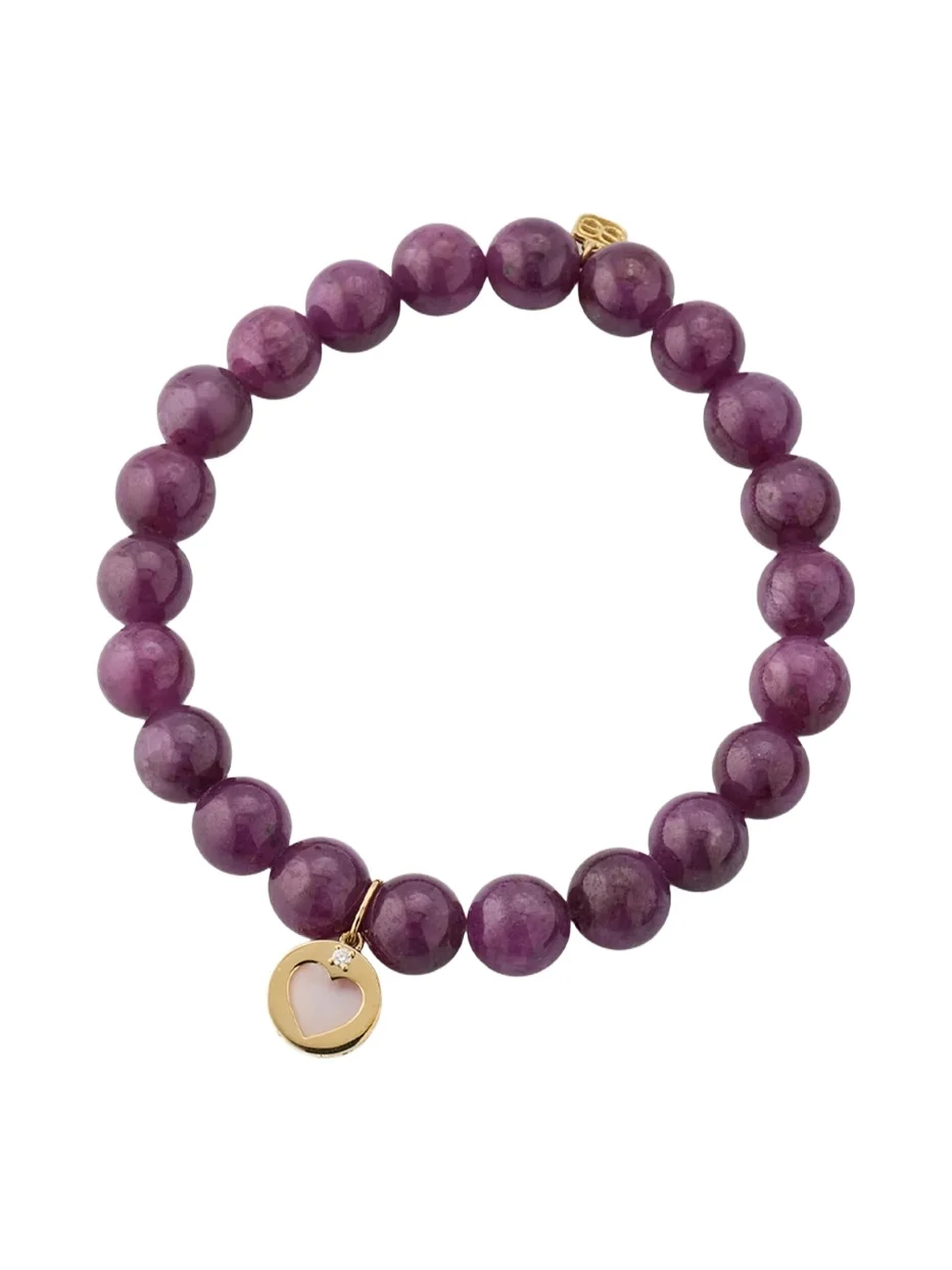 14K Pink Mother-of-Pearl Heart Charm on Ruby Bead Bracelet