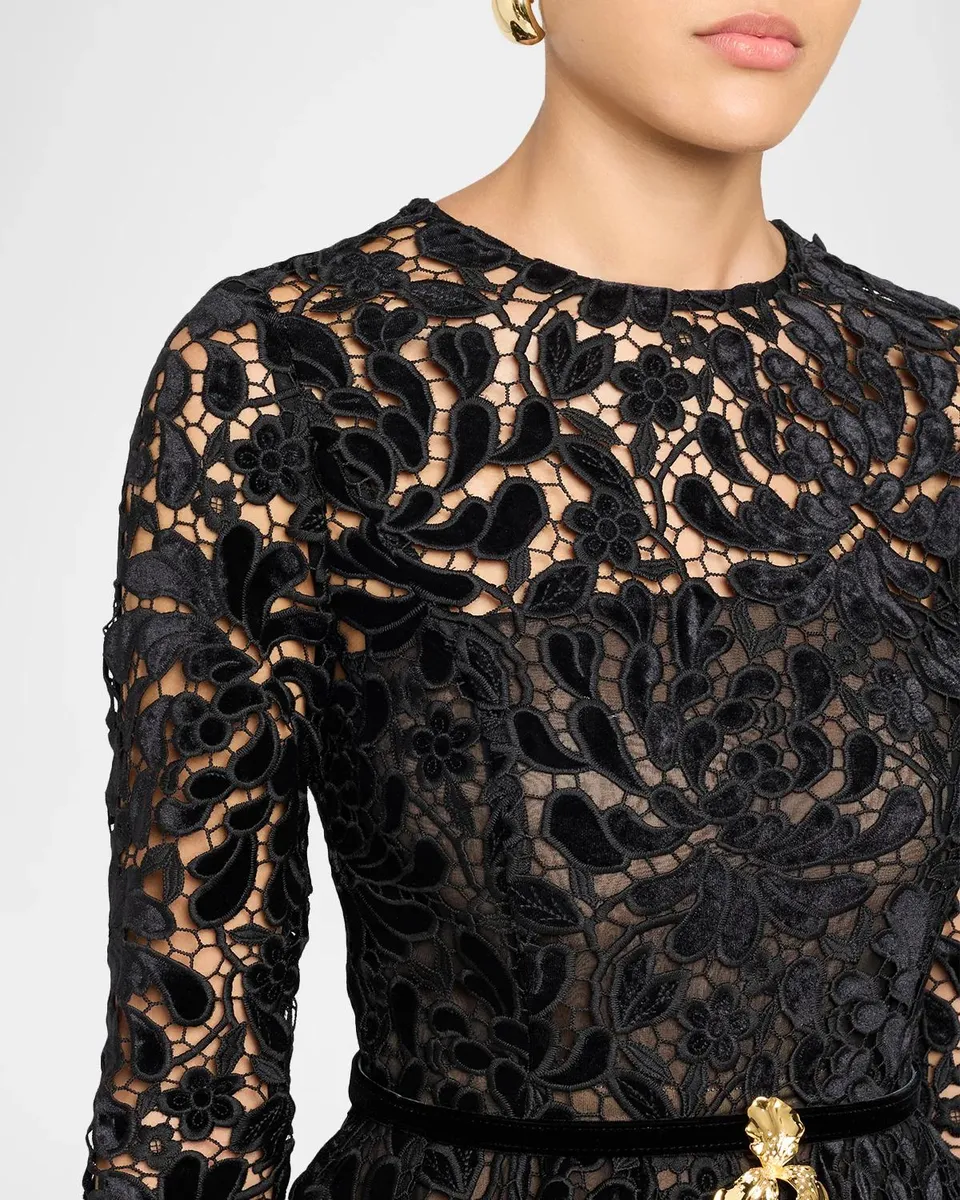 Oscar de la Renta 3/4-Sleeve Chrysanthemum Guipure Cocktail Dress | Thumbnail 5 Oscar de la Renta 3/4-Sleeve Chrysanthemum Guipure Cocktail Dress | Thumbnail 5