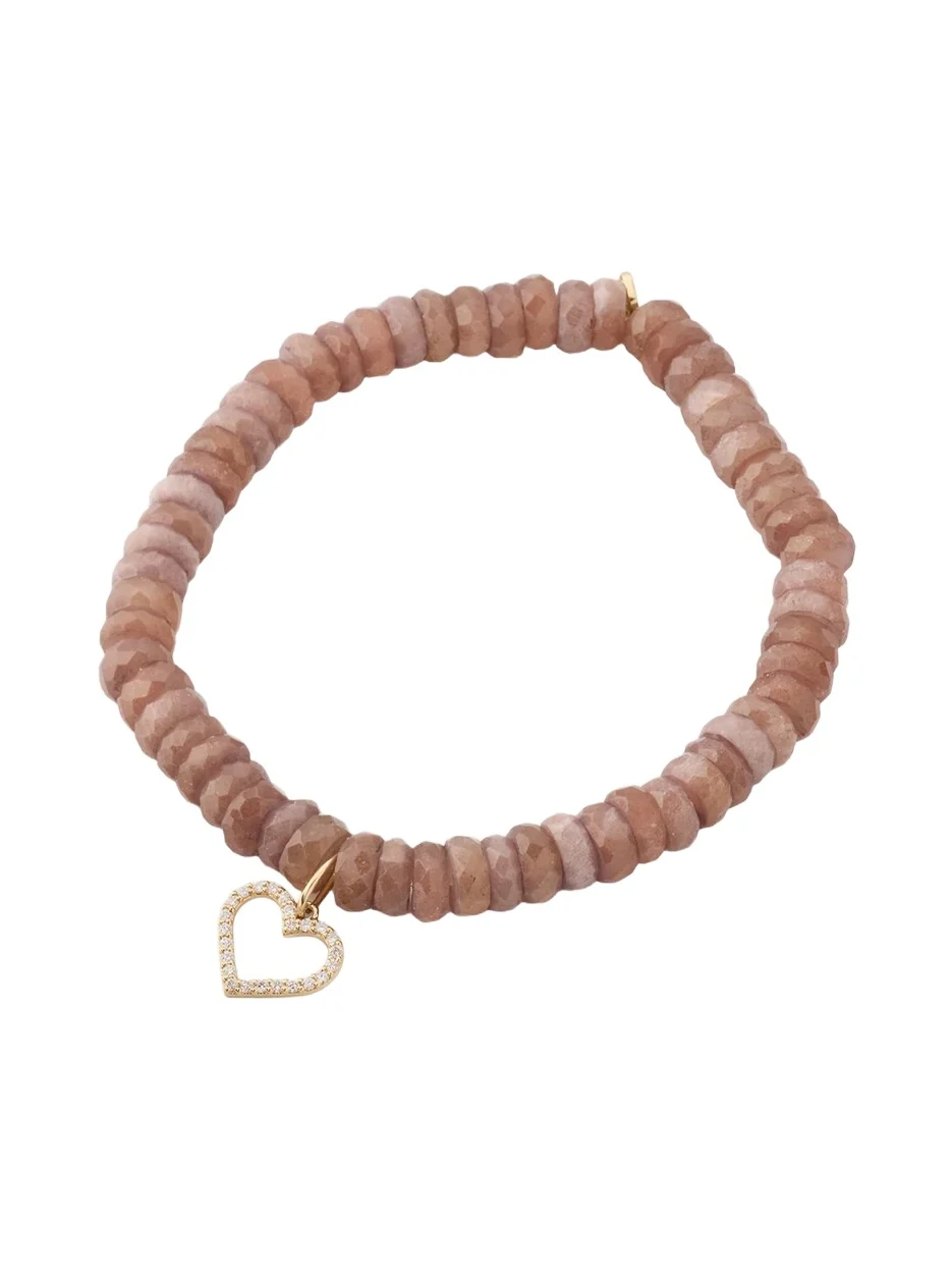 14K Yellow Gold Diamond Open Heart Charm on Moonstone Bracelet 14K Yellow Gold Diamond Open Heart Charm on Moonstone Bracelet