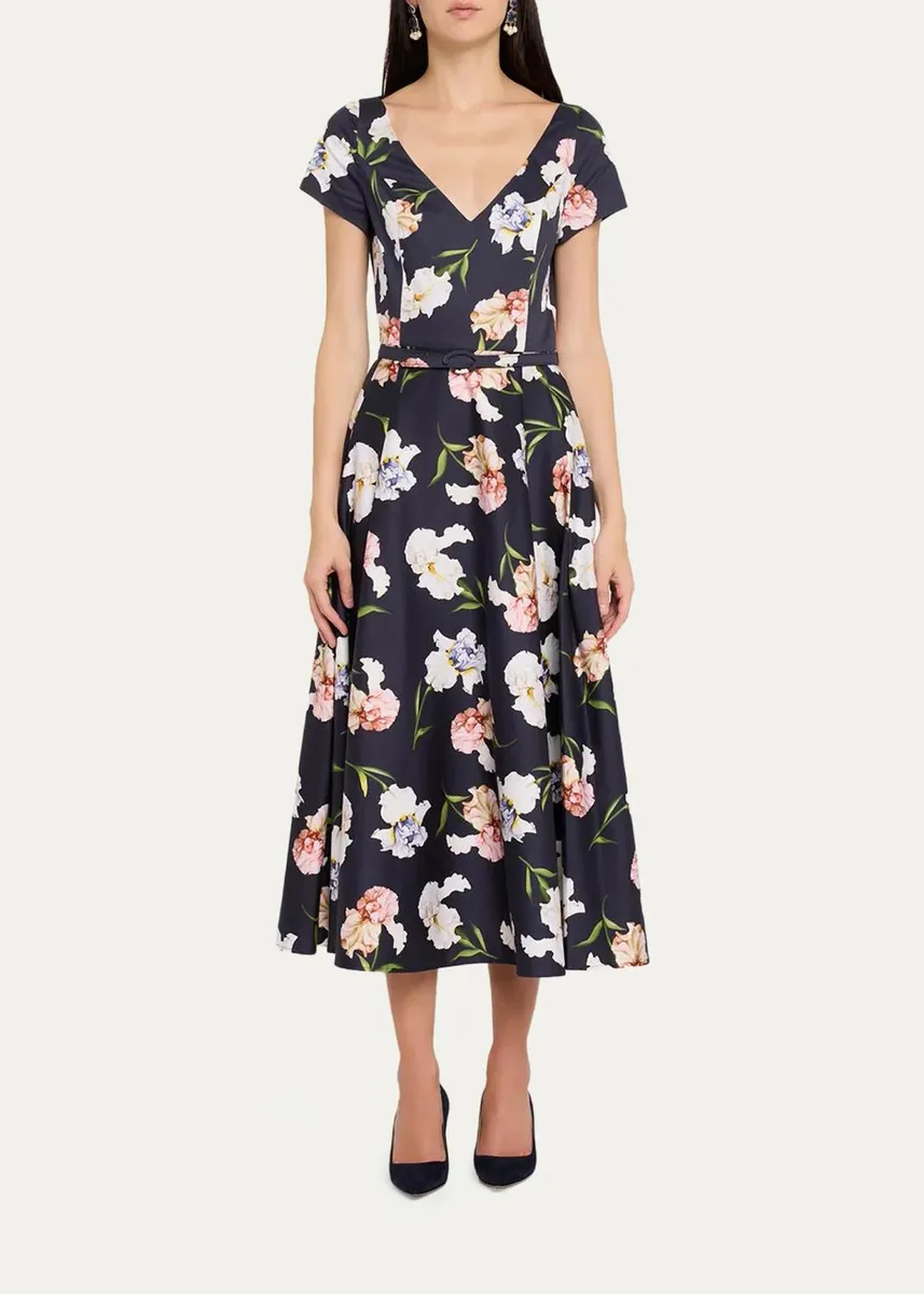 Oscar de la Renta Short-Sleeve Painted Iris Cotton Belted Midi Dress | Thumbnail 2 Oscar de la Renta Short-Sleeve Painted Iris Cotton Belted Midi Dress | Thumbnail 2