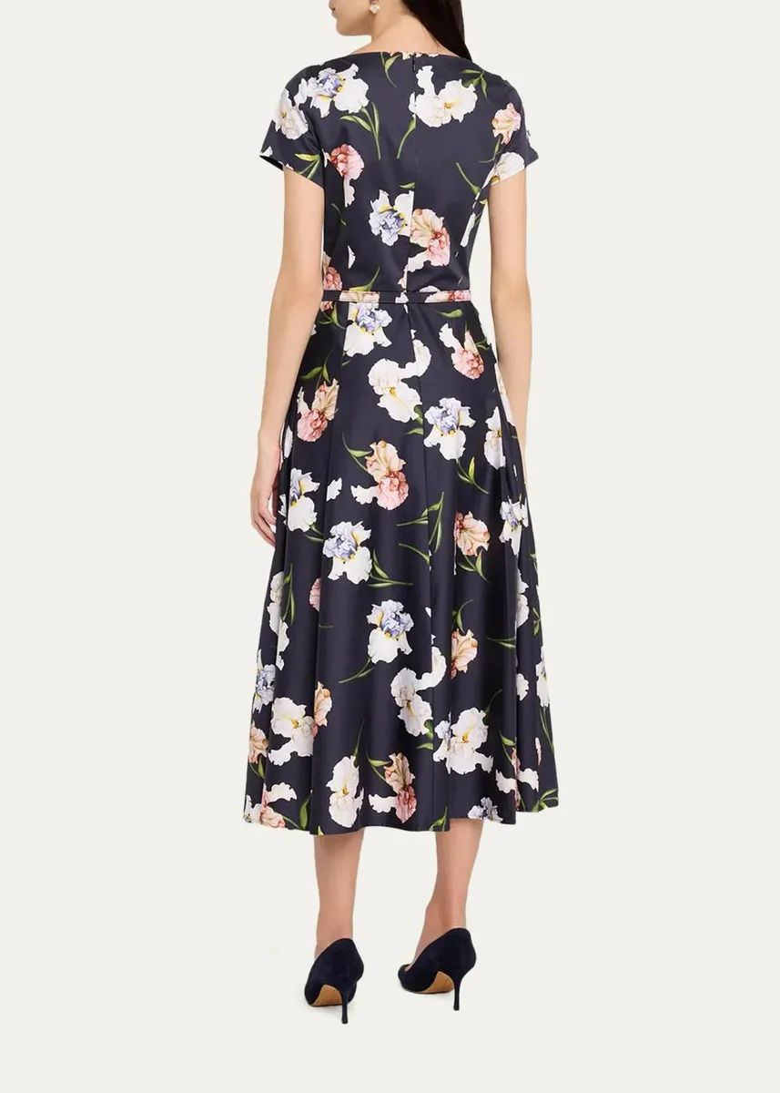 Oscar de la Renta Short-Sleeve Painted Iris Cotton Belted Midi Dress | Thumbnail 3 Oscar de la Renta Short-Sleeve Painted Iris Cotton Belted Midi Dress | Thumbnail 3
