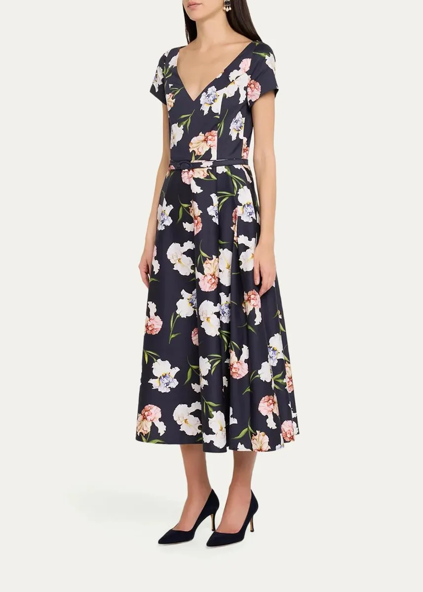 Oscar de la Renta Short-Sleeve Painted Iris Cotton Belted Midi Dress | Thumbnail 4 Oscar de la Renta Short-Sleeve Painted Iris Cotton Belted Midi Dress | Thumbnail 4