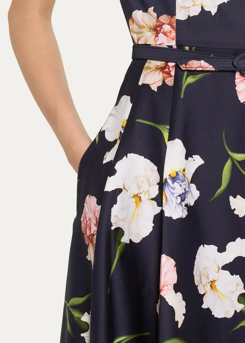 Oscar de la Renta Short-Sleeve Painted Iris Cotton Belted Midi Dress | Thumbnail 5 Oscar de la Renta Short-Sleeve Painted Iris Cotton Belted Midi Dress | Thumbnail 5