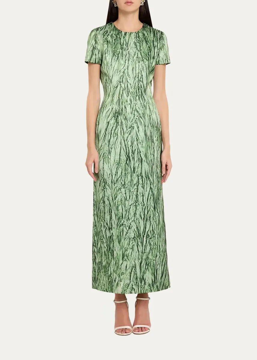 Oscar de la Renta Short-Sleeve Crushed Velvet-Printed Satin Midi Dress | Thumbnail 2 Oscar de la Renta Short-Sleeve Crushed Velvet-Printed Satin Midi Dress | Thumbnail 2