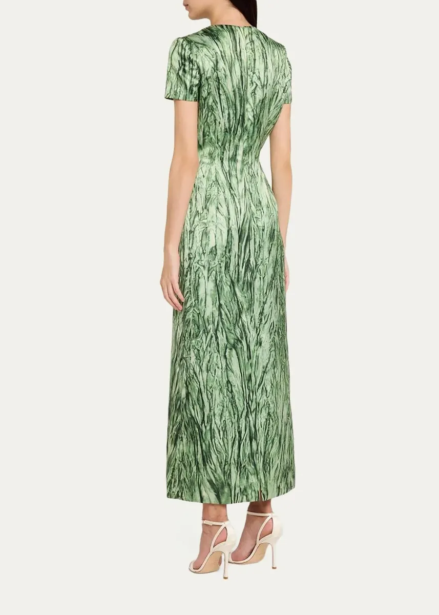 Oscar de la Renta Short-Sleeve Crushed Velvet-Printed Satin Midi Dress | Thumbnail 3 Oscar de la Renta Short-Sleeve Crushed Velvet-Printed Satin Midi Dress | Thumbnail 3