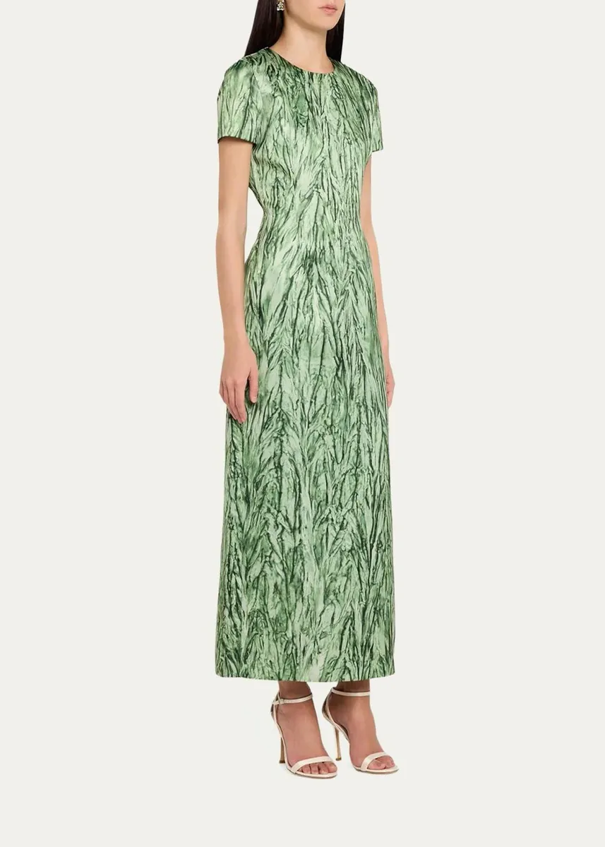 Oscar de la Renta Short-Sleeve Crushed Velvet-Printed Satin Midi Dress | Thumbnail 4 Oscar de la Renta Short-Sleeve Crushed Velvet-Printed Satin Midi Dress | Thumbnail 4