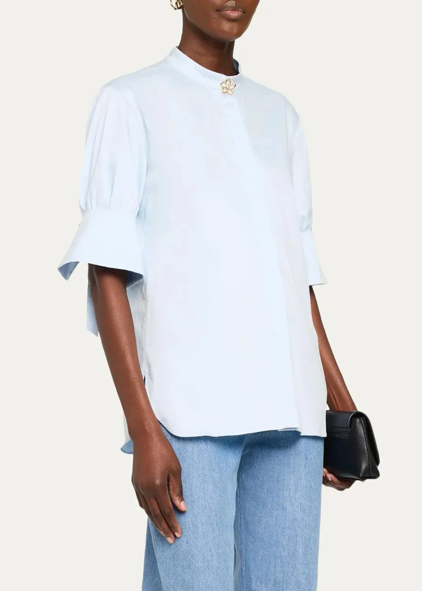 Oscar de la Renta Short-Sleeve Cotton Poplin Button-Down Shirt | Thumbnail 4 Oscar de la Renta Short-Sleeve Cotton Poplin Button-Down Shirt | Thumbnail 4