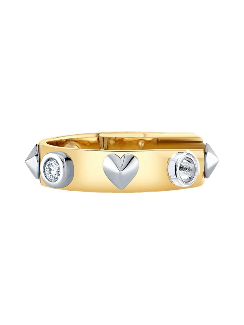 14K White and Yellow Gold Punk Studded Ring with Diamonds