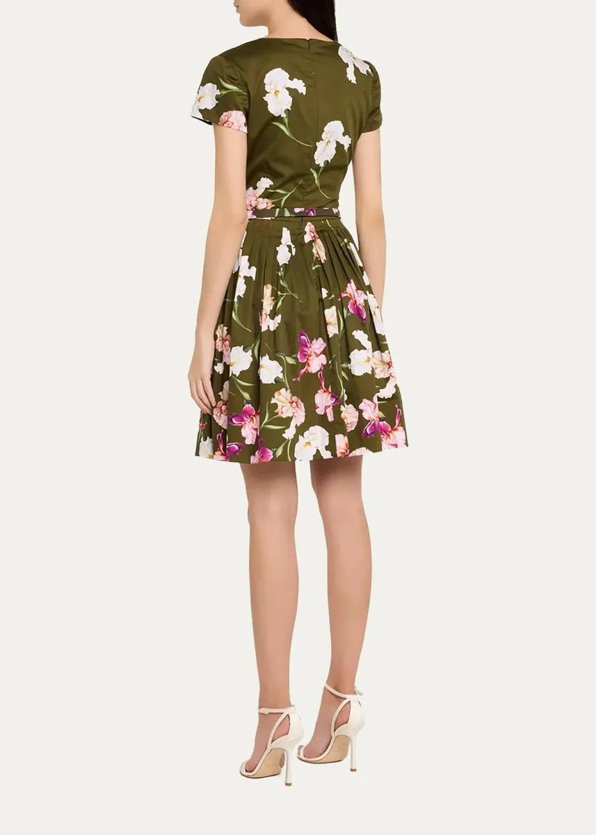 Oscar de la Renta Iris-Print Short-Sleeve Pleated Mini Dress With Belt | Thumbnail 3 Oscar de la Renta Iris-Print Short-Sleeve Pleated Mini Dress With Belt | Thumbnail 3