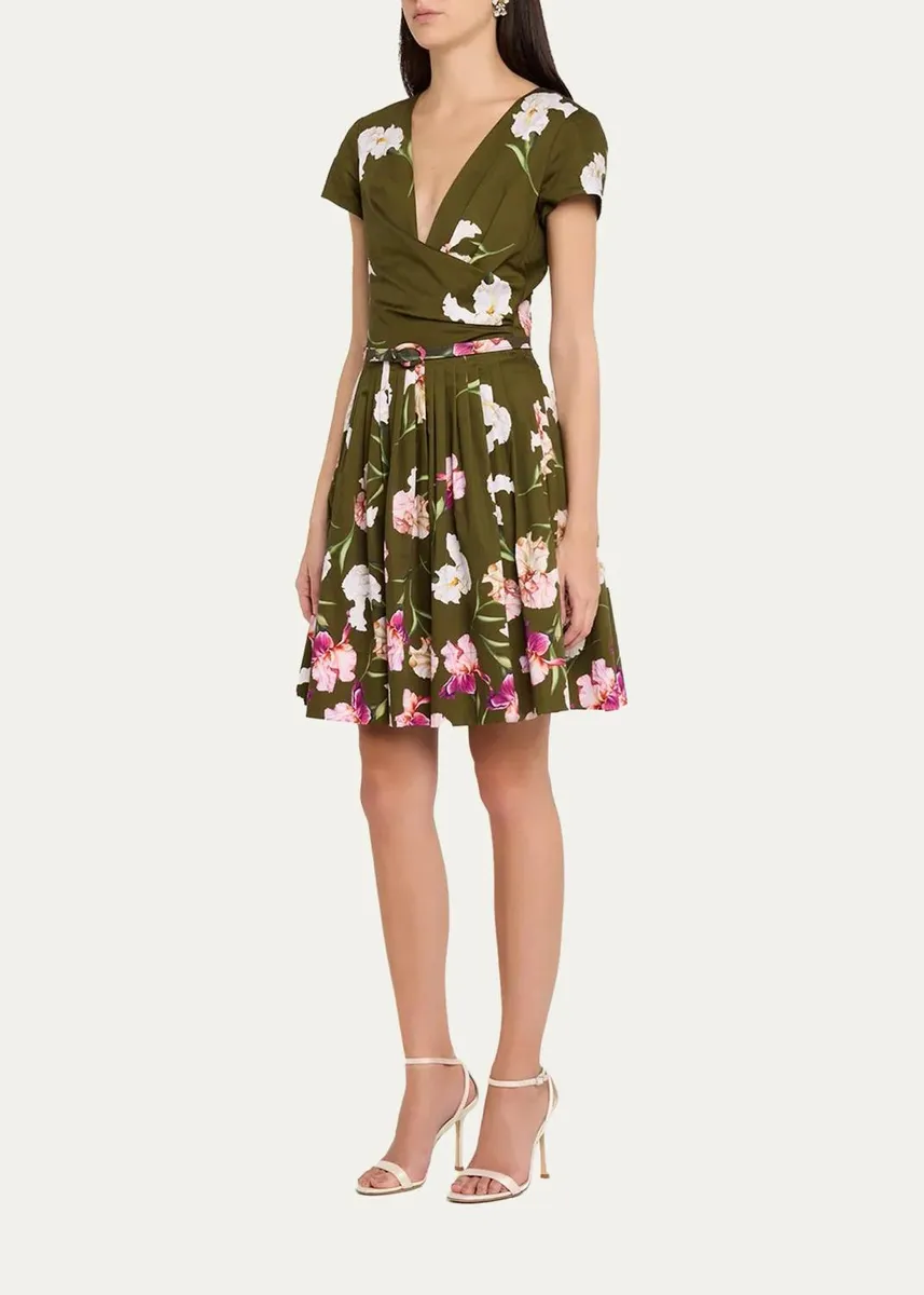 Oscar de la Renta Iris-Print Short-Sleeve Pleated Mini Dress With Belt | Thumbnail 4 Oscar de la Renta Iris-Print Short-Sleeve Pleated Mini Dress With Belt | Thumbnail 4