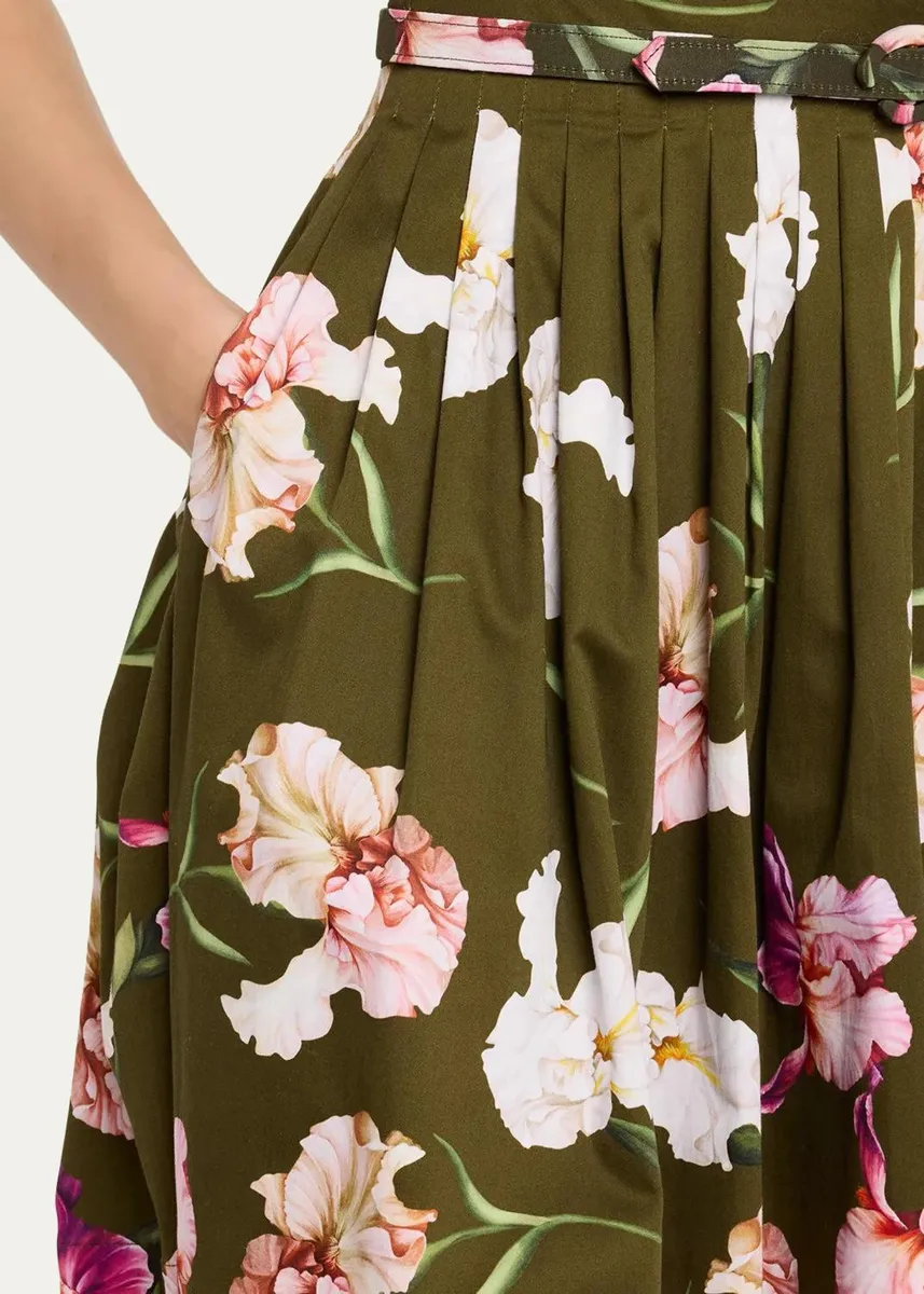 Oscar de la Renta Iris-Print Short-Sleeve Pleated Mini Dress With Belt | Thumbnail 5 Oscar de la Renta Iris-Print Short-Sleeve Pleated Mini Dress With Belt | Thumbnail 5