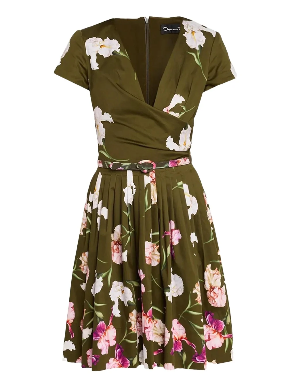 Iris-Print Short-Sleeve Pleated Mini Dress With Belt Iris-Print Short-Sleeve Pleated Mini Dress With Belt