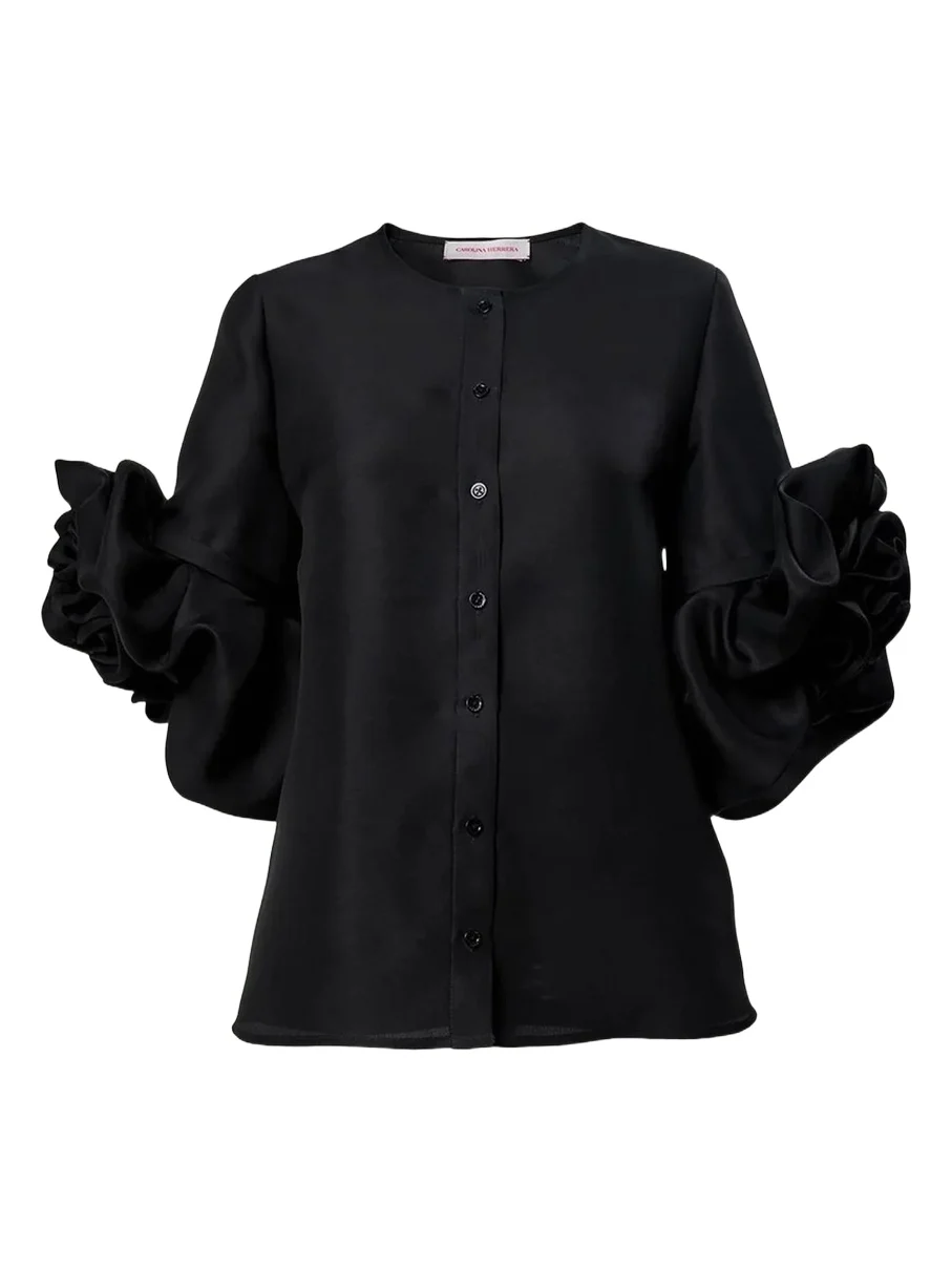 Silk Gazar Rosette-Sleeve Blouse