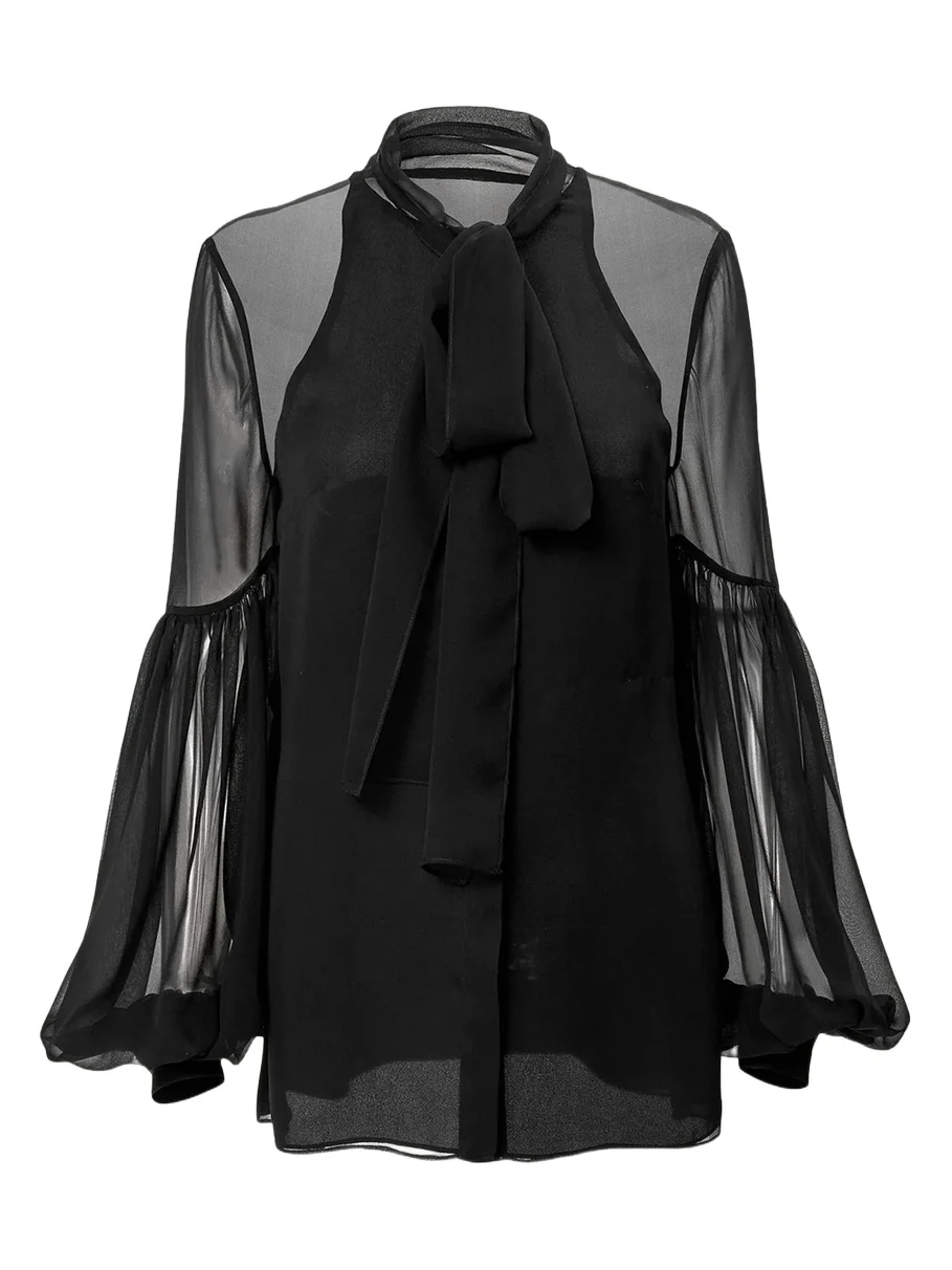 Balloon-Sleeve Silk Chiffon Bow-Neck Top Balloon-Sleeve Silk Chiffon Bow-Neck Top