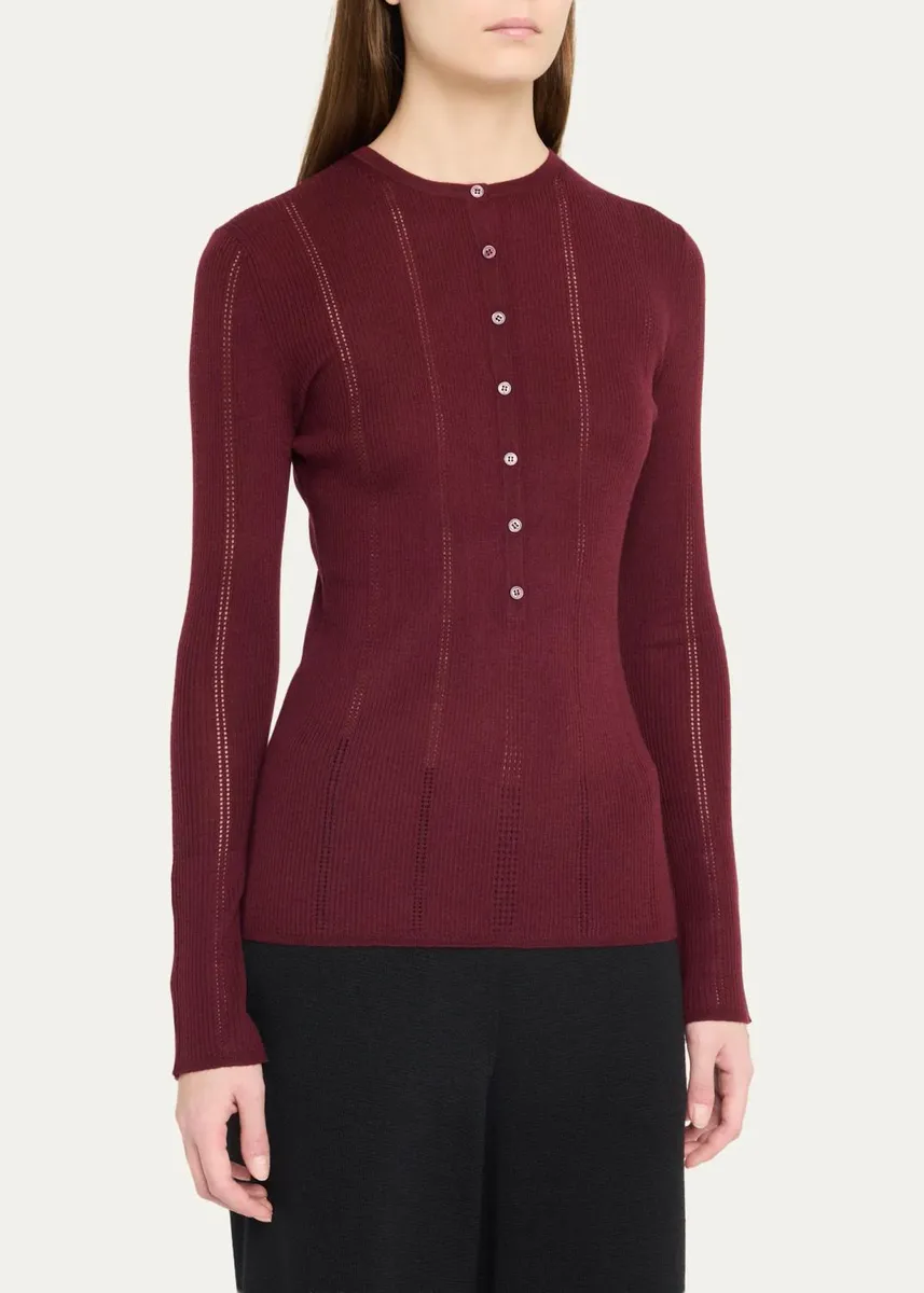 Gabriela Hearst Olea Pointelle Striped Wool Rib Henley Top | Thumbnail 4 Gabriela Hearst Olea Pointelle Striped Wool Rib Henley Top | Thumbnail 4
