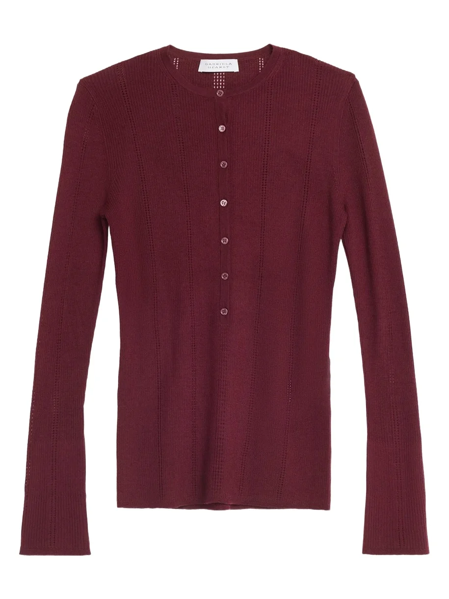 Olea Pointelle Striped Wool Rib Henley Top Olea Pointelle Striped Wool Rib Henley Top
