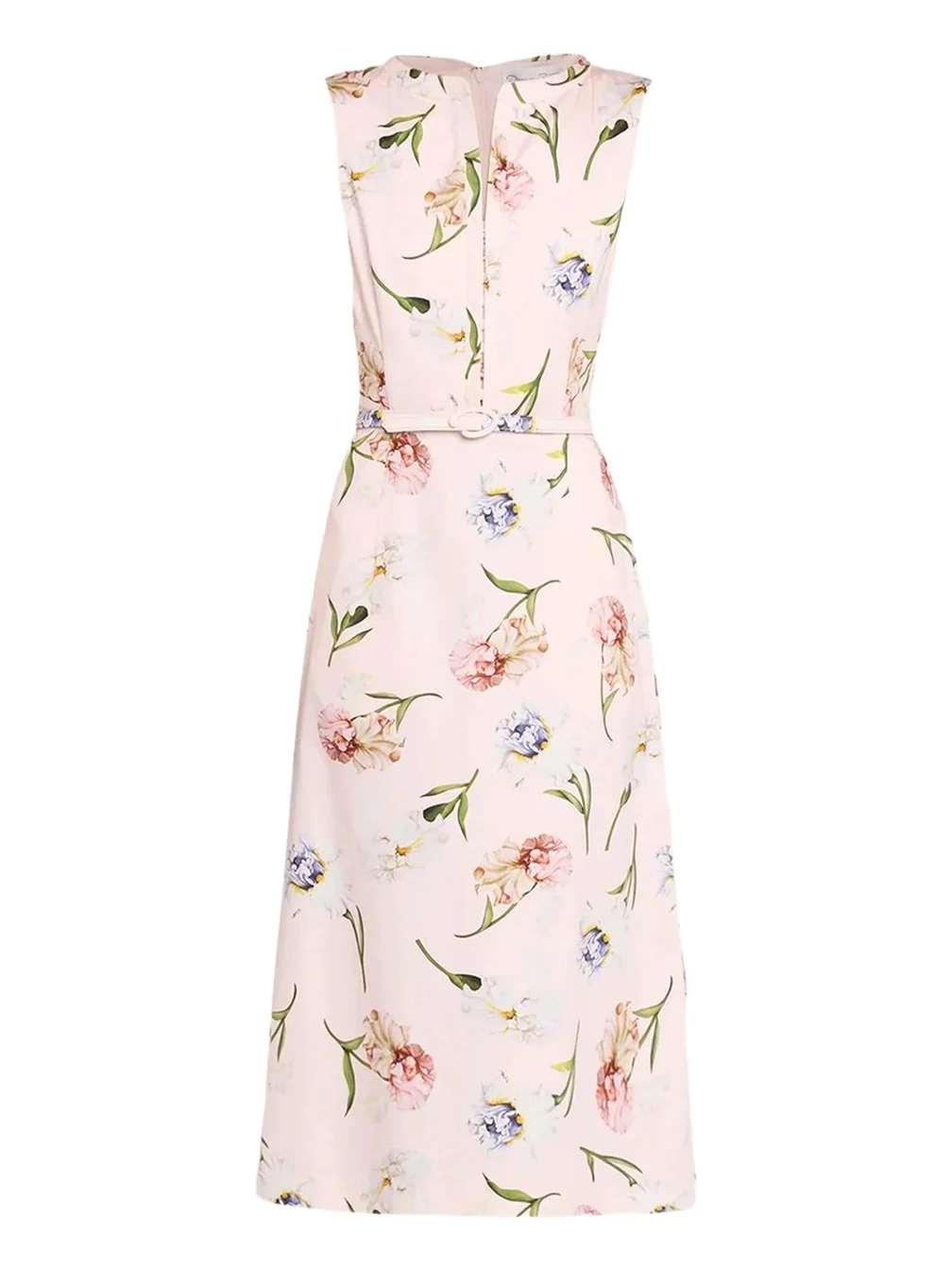 Sleeveless Painted Iris-Print Belted Midi Dress