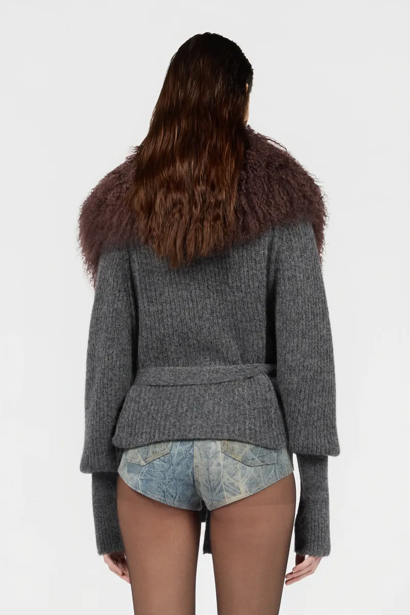 Roberto Cavalli Grey Belted Cardigan With Curly Collar | Thumbnail 2 Roberto Cavalli Grey Belted Cardigan With Curly Collar | Thumbnail 2
