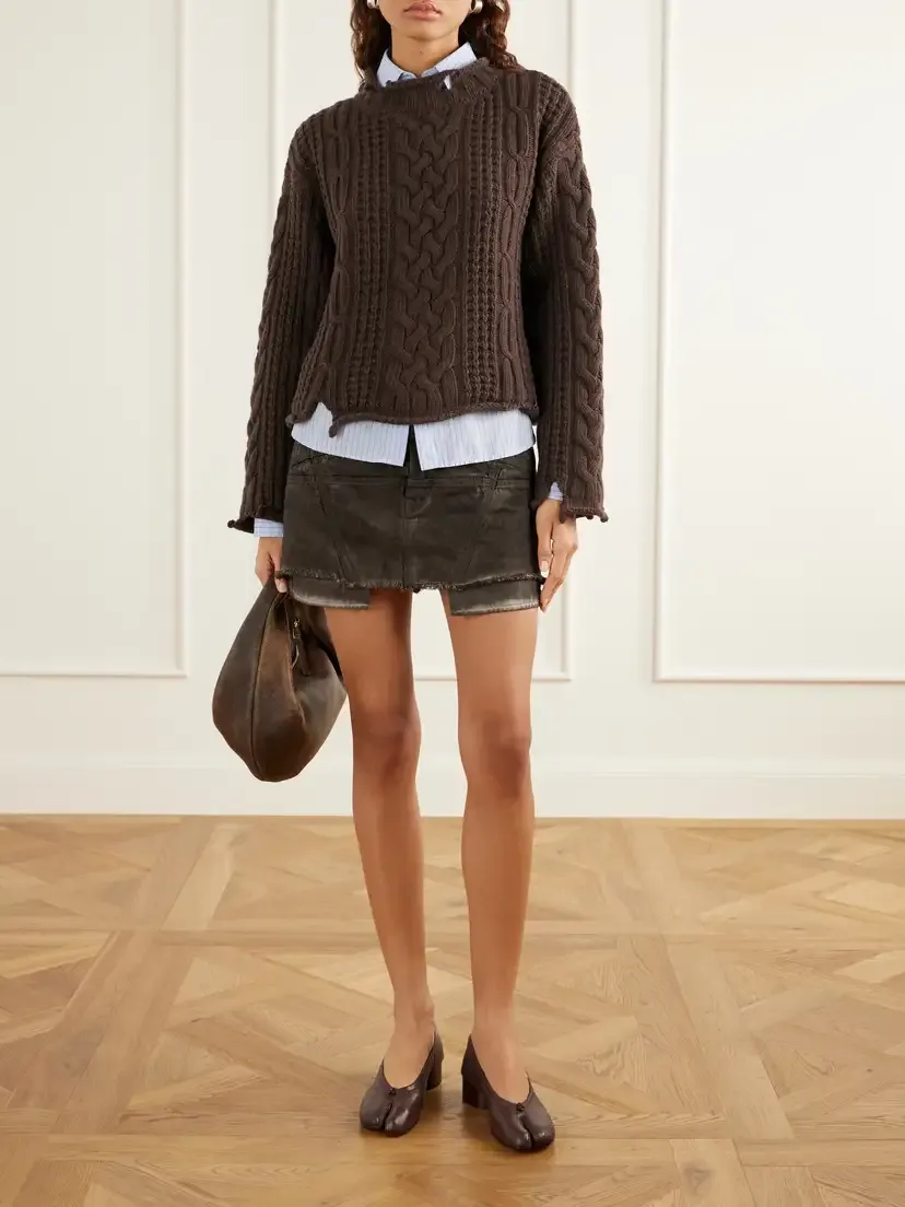 mfpen Shatter Cropped Distressed Cable-knit Wool And Cashmere-blend Sweater - Brown | Thumbnail 2 mfpen Shatter Cropped Distressed Cable-knit Wool And Cashmere-blend Sweater - Brown | Thumbnail 2
