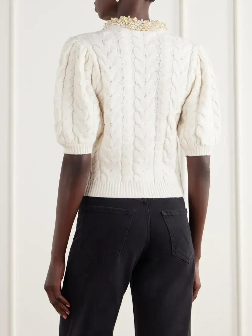 Ulla Johnson Olivia Cable-knit Bead-embellished Wool And Cashmere-blend Cardigan - Neutrals | Thumbnail 3 Ulla Johnson Olivia Cable-knit Bead-embellished Wool And Cashmere-blend Cardigan - Neutrals | Thumbnail 3