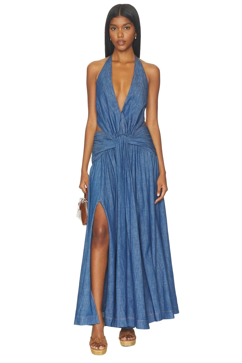 Denim Plunge Halter Dress Denim Plunge Halter Dress