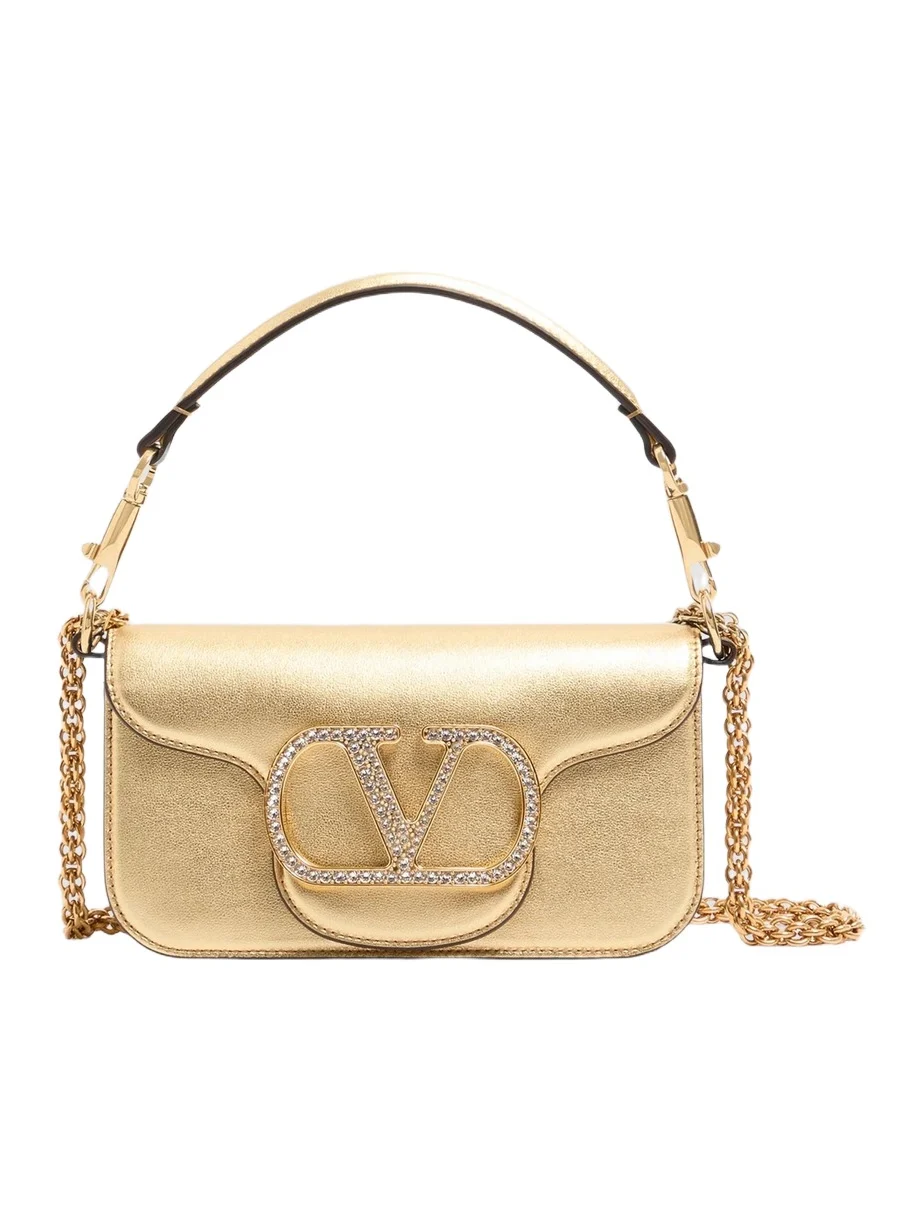 Valentino Women's Locò Small Shoulder Bag in Laminated Calfskin with Jewel Logo - Antique Brass | Thumbnail 1 Valentino Women's Locò Small Shoulder Bag in Laminated Calfskin with Jewel Logo - Antique Brass | Thumbnail 1
