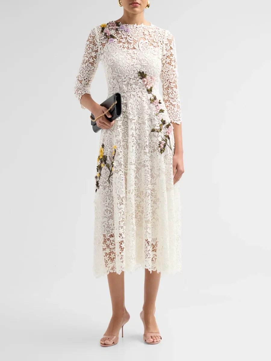 Oscar de la Renta Women's Chrysanthemum 3D Guipure Midi Dress | Thumbnail 2