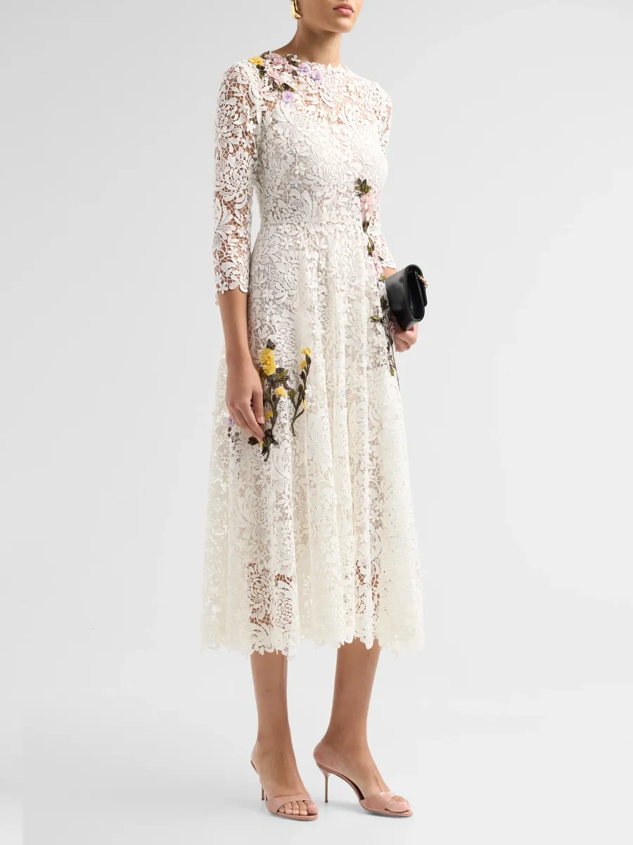 Oscar de la Renta Women's Chrysanthemum 3D Guipure Midi Dress | Thumbnail 4