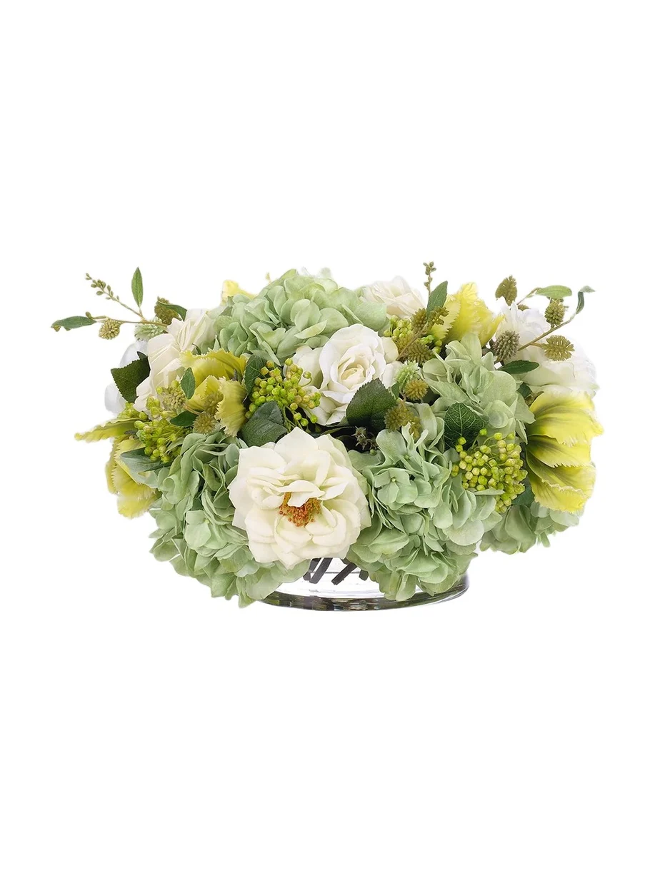 Hydrangeas & Roses Faux Floral Arrangement in Glass Bowl - Green Hydrangeas & Roses Faux Floral Arrangement in Glass Bowl - Green