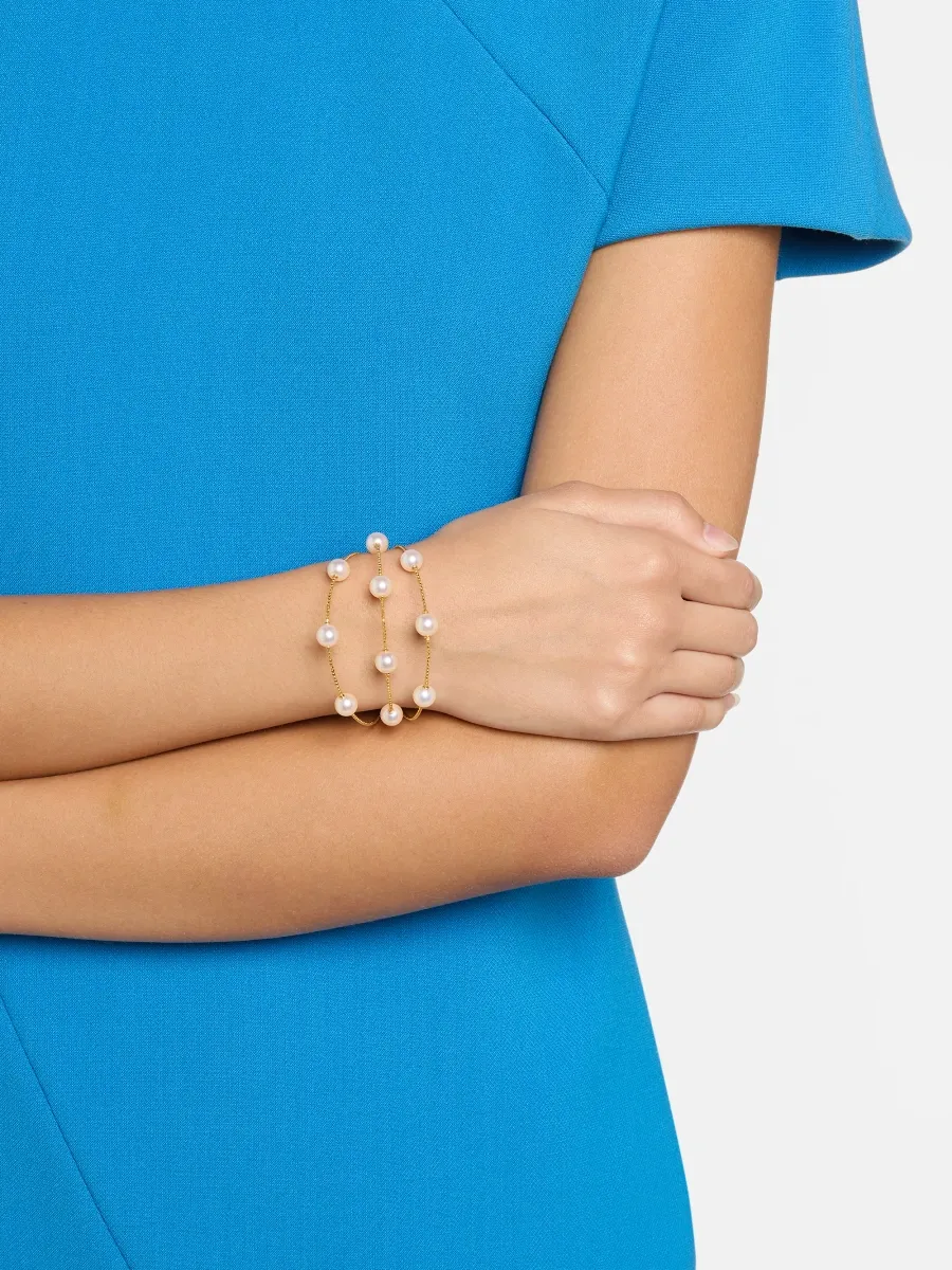 Pearls By Shari Women's Sparkle 18K Yellow Gold Akoya Cultured Pearl Layered Bracelet | Thumbnail 2