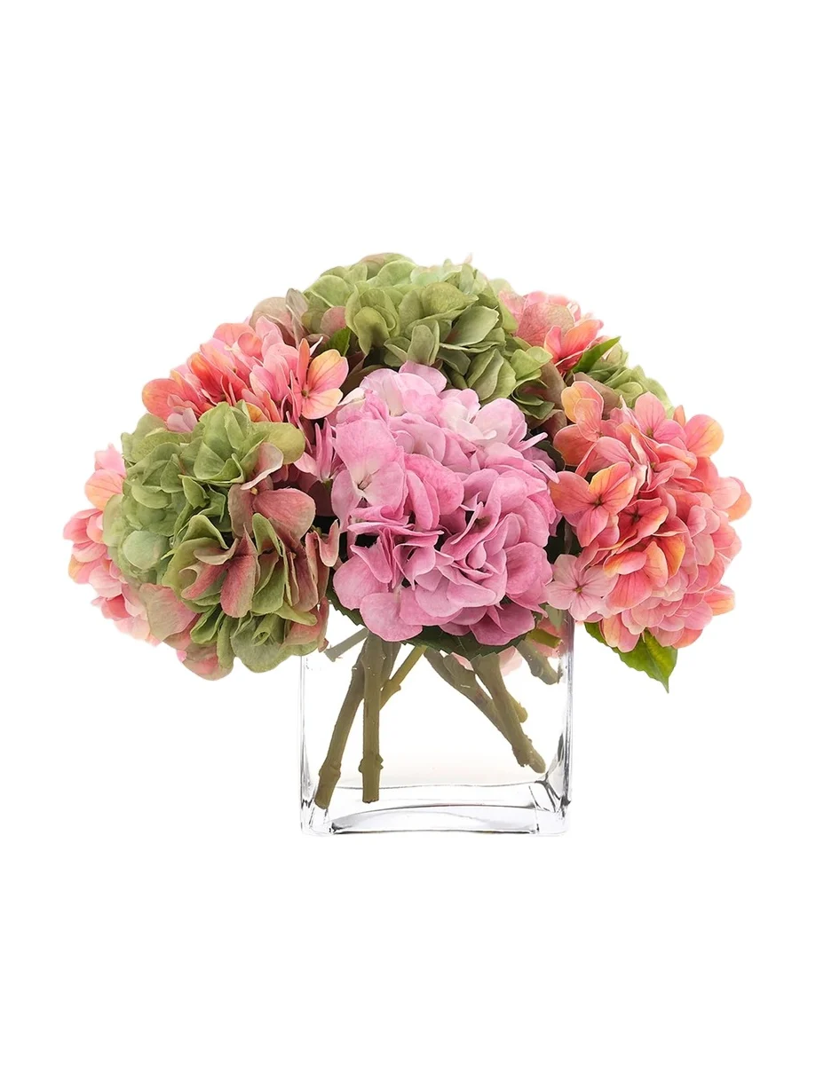 Faux Hydrangea Arrangement In Glass Cube - Pink Faux Hydrangea Arrangement In Glass Cube - Pink