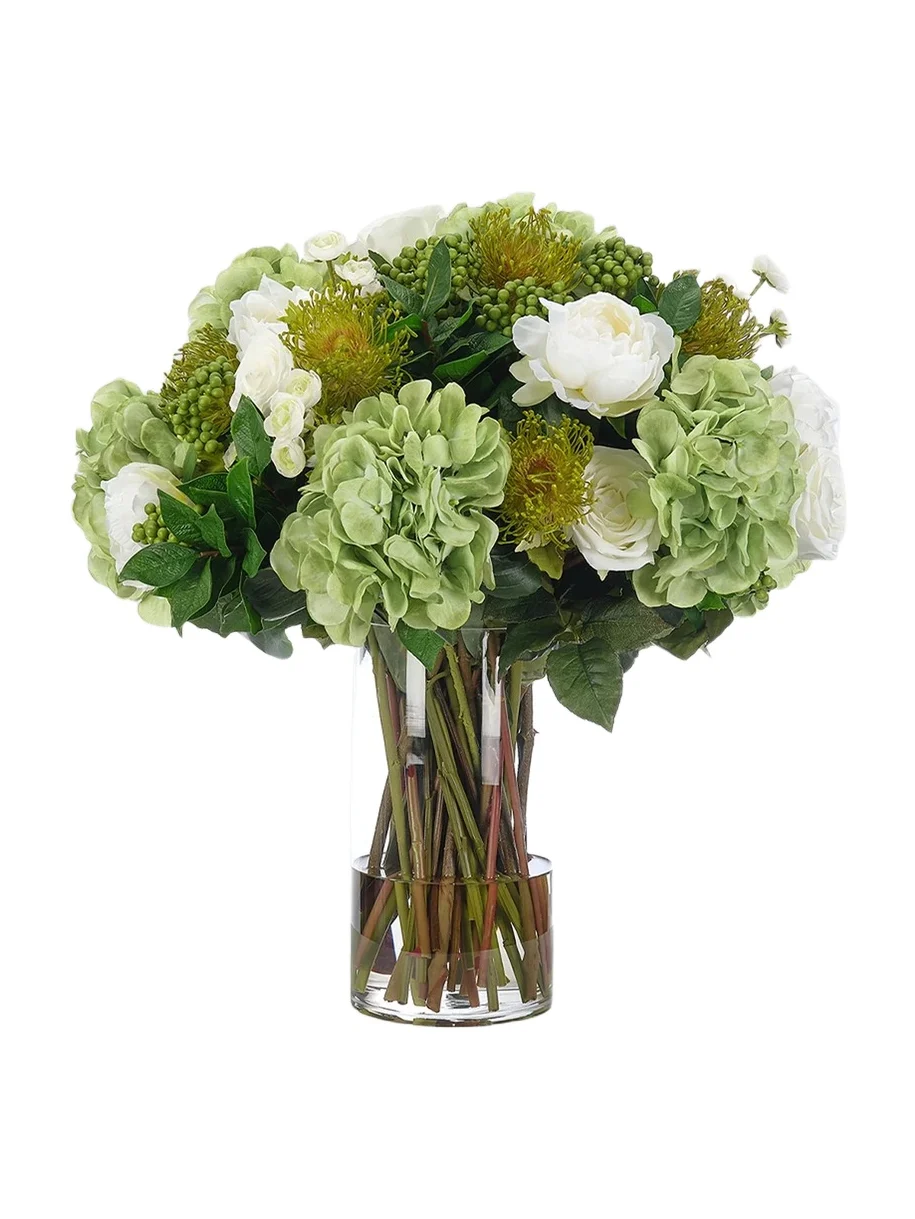 Faux Rose & Hydrangea Arrangement In Glass Cylinder - Green Faux Rose & Hydrangea Arrangement In Glass Cylinder - Green