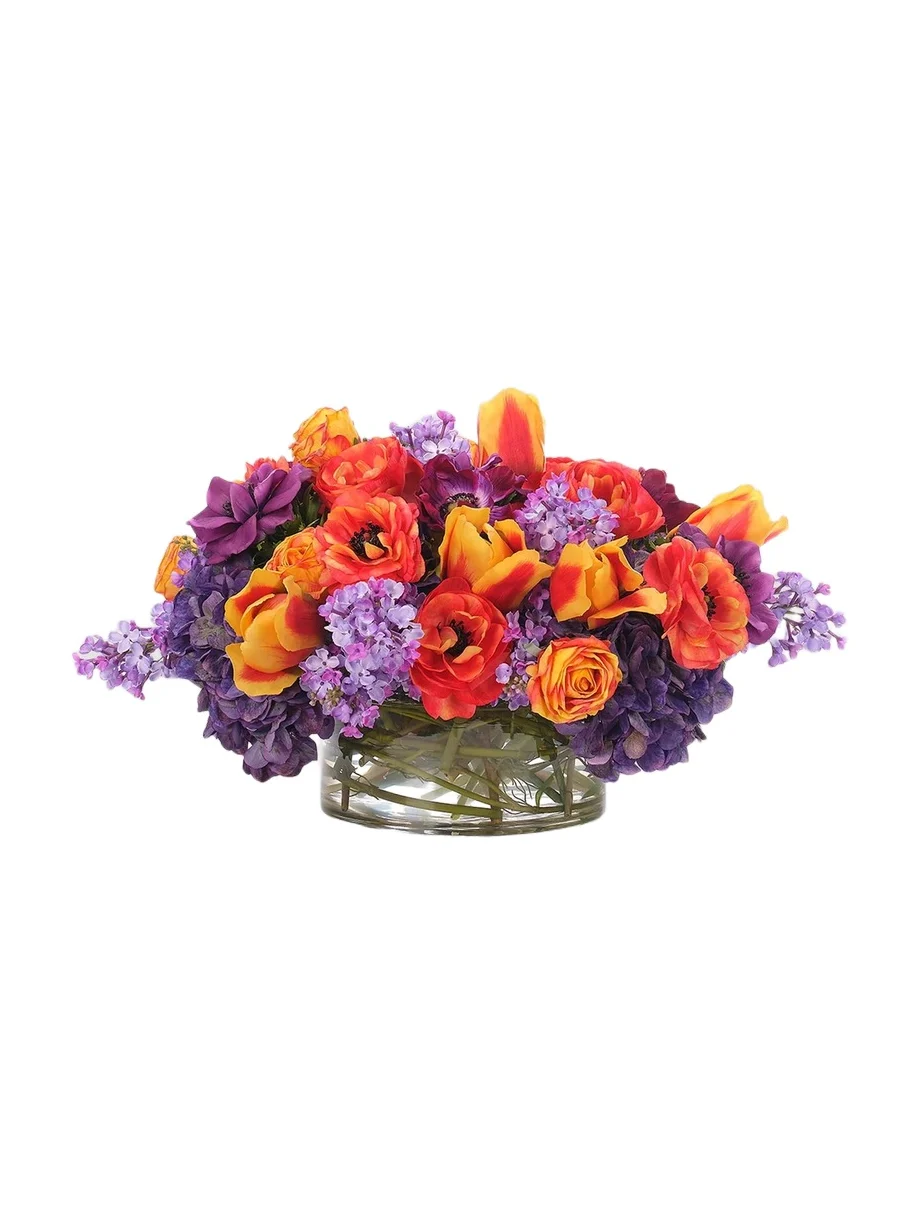 Faux Hydrangea & Ranunculu Arrangement In Glass Bowl - Purple Faux Hydrangea & Ranunculu Arrangement In Glass Bowl - Purple