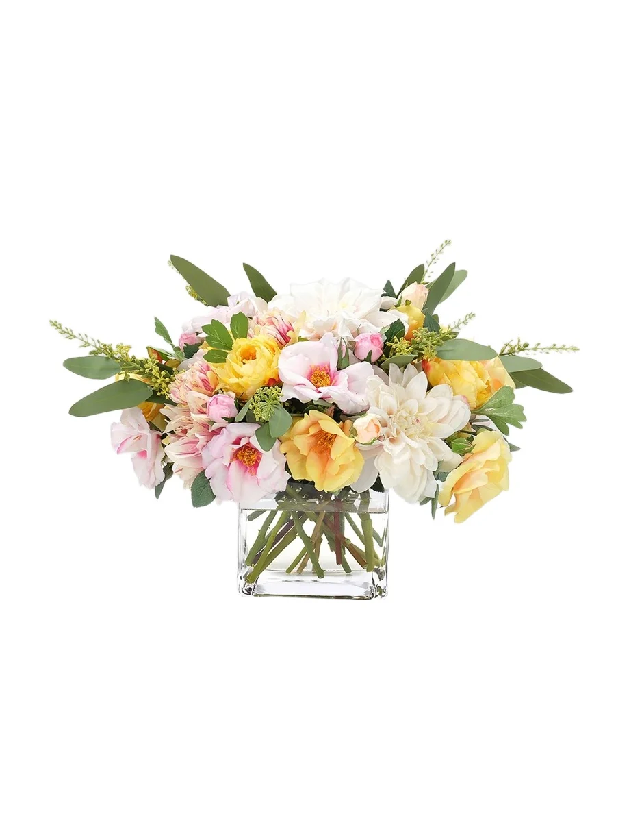 Roses & Peonies Faux Floral Arrangement in Glass Cube - Pink Roses & Peonies Faux Floral Arrangement in Glass Cube - Pink
