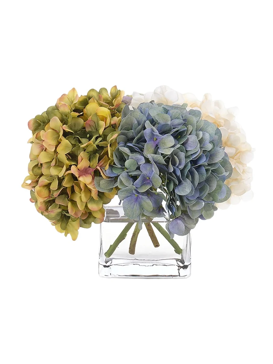Hydrangeas Faux Floral Arrangement in Glass Cube - Blue Hydrangeas Faux Floral Arrangement in Glass Cube - Blue