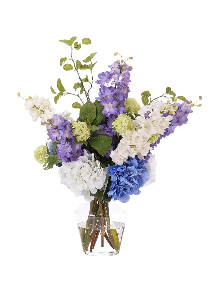 NDI Hydrangeas & Delphiniums Faux-Floral Arrangement in Glass Vase - Blue