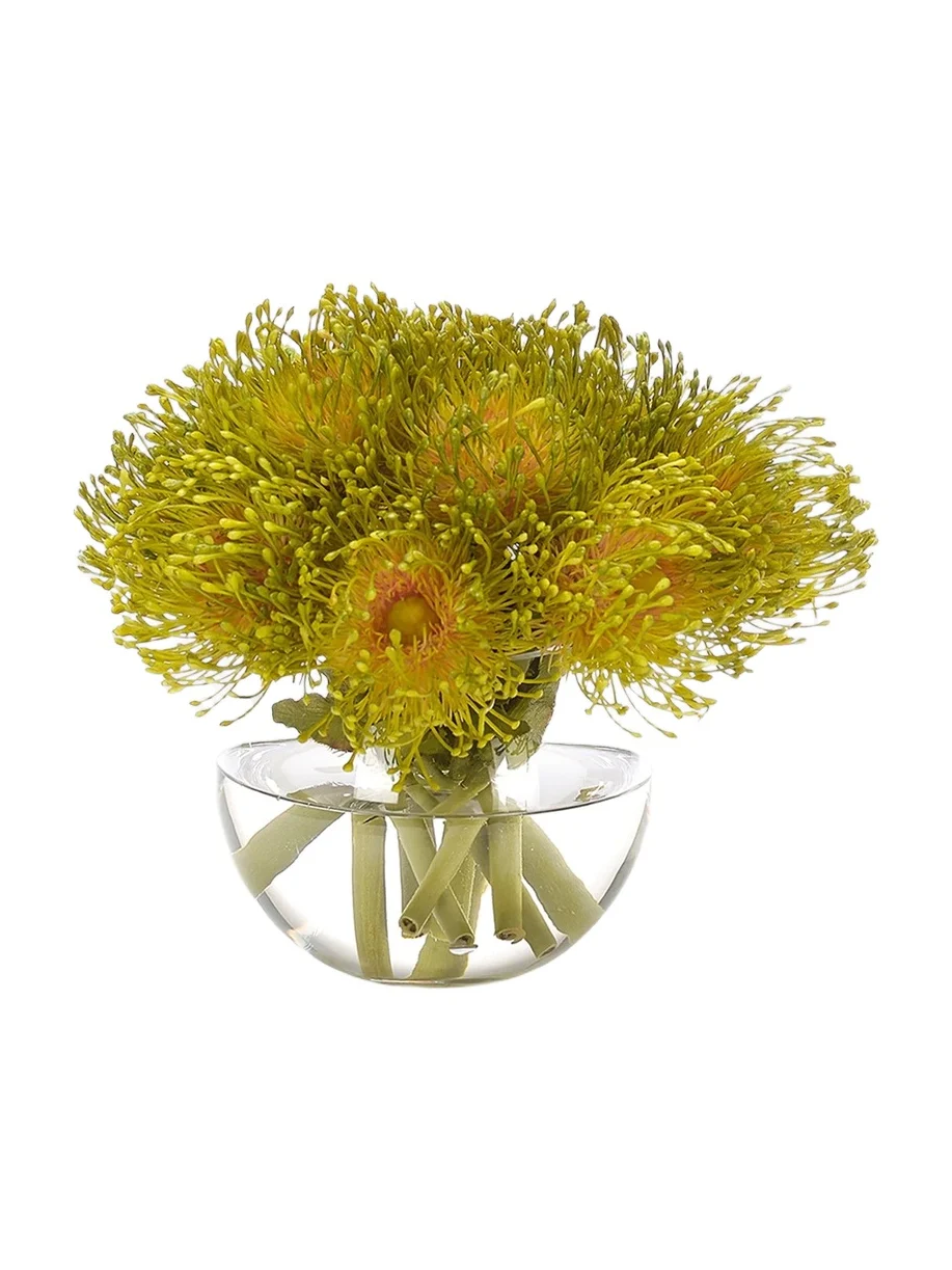 Pincushion Proteas Faux-Floral Arrangement in Glass Bubble Bowl