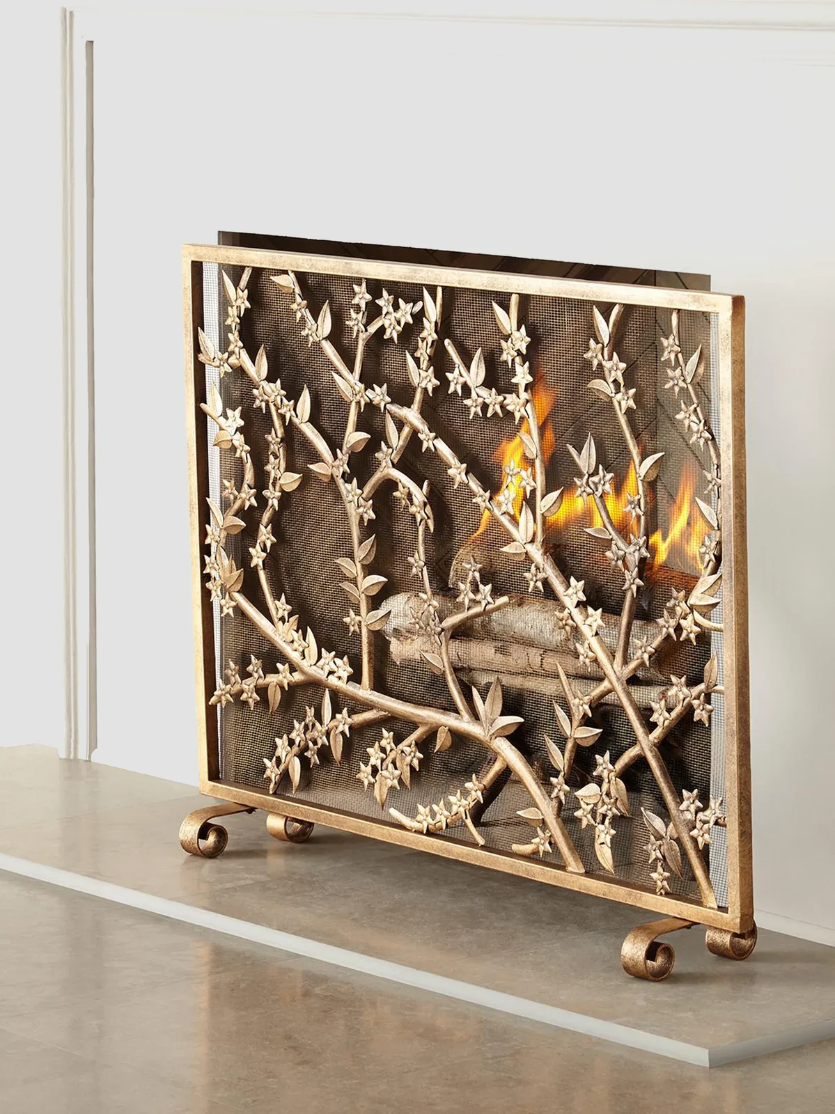 Dr. Livingston Golden Flowers & Branches Iron Fireplace Screen
